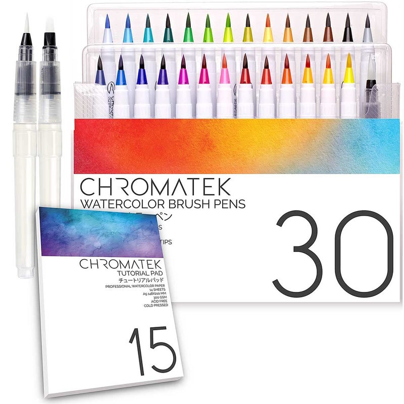 CHROMATEK 30 Watercolor Brush Pens | 15 Page Tutorial Pad & Online Video Series | Brush Tips | Vivid, Blendable Professional Artist Quality | 27 Colors | 3 Aquapens | Complete Water Color Painting Set - Image 1